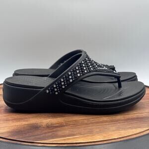 CROCS Women's Monterey Shimmer Wedge Flip Flop Sandals Thongs Black Size 7